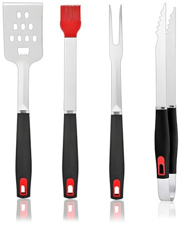 Grillbesteck Set 4-TLG mit verlängertem hitzebeständigem Griff, Grill Besteck aus Edelstahl in Lebensmittelqualität, Grill Geschenke für Männer, hochwertiges Grillbesteck für Garten-Grill