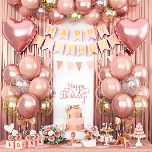 Geburtstagsdeko Rosegold,Geburtstag Party Deko für Mädchen Frauen,Rosegold Luftballons Geburtstag Dekoration Set mit Happy Birthday Girlande Cake Topper Lametta Vorhang