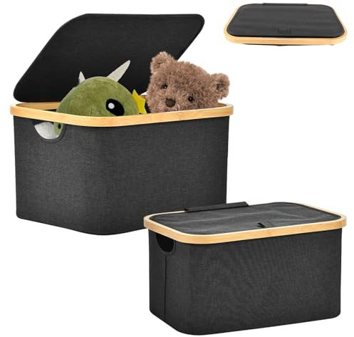 YAYODS 2 Stück Wäschesammler mit Deckel 20L - 8L Faltbarer Wäschekorb mit Henkel - Klappbarer Wäschekorb Schwarz - Collapsible Laundry Basket with Lid - Korb mit Deckel Klein für Wäsche, Spielzeug