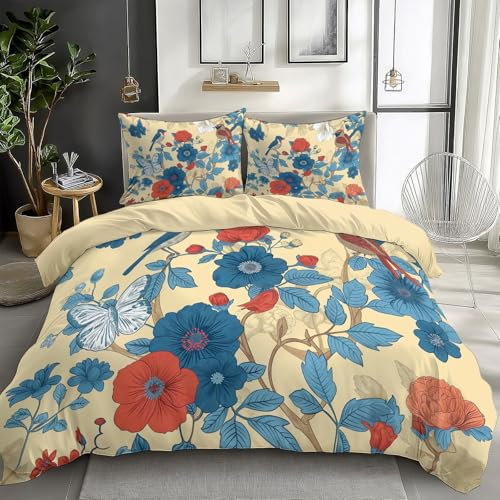 CozyRest Bettwäsche Set Blaue Blumen und Vögel Bettbezug 135 x 200 cm Beige Reversibel 3-Teiliges Set, Weich Und Bequem, Pflegeleicht, Mit Verdecktem Reißverschluss Und Kissenbezug