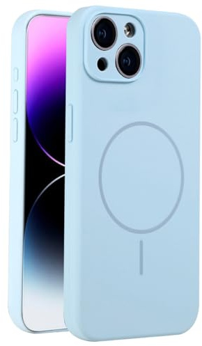 Mixroom - Custodia Cover per iPhone 14 in Tpu silicone liquido morbido compatibile con MagSafe accessori con cerchio magnetico integrato Celeste