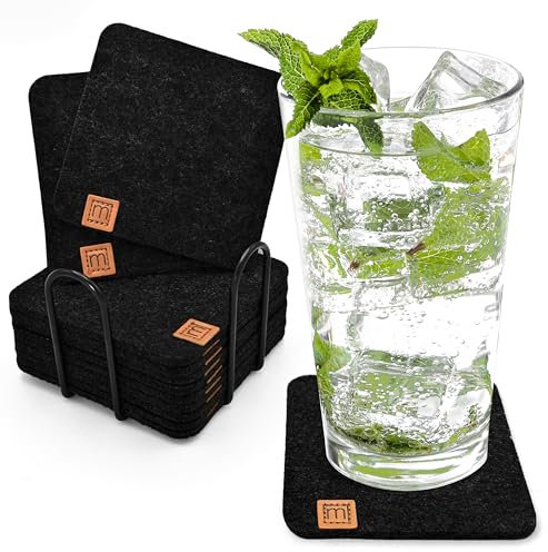 Miqio® Design Filz Glasuntersetzer eckig | 12-er Set + Halter | Nachhaltige Oekotex Untersetzer für Getränke, Kerzen, Tassen, Bar, Gläser | Tisch Deko | schwarz