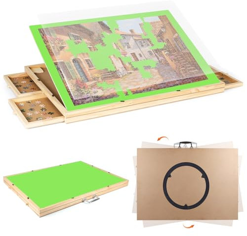 Ruication Jigsaw Puzzle Board Portable Folding Tilting Jigsaw Board Non-Slip Surface Felt Mat for 1000 pieces 4 Sliding Drawers Storage Jigsaw Table For Adults Kids Gift