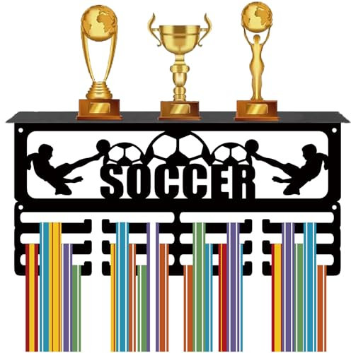 CREATCABIN Fußball Medaillenaufhänger Mit Trophäenregal Medaillenhalter Aufhänger Sportmedaillen Wandhalterung Schwarzer Trophäenhalter Metall Medaillen Organizer Für Preisverleihungsrennen 40x20x10cm