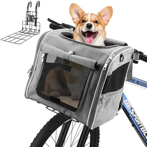 Xixter Dog Basket for Bike, Suitable for Small & Medium Pet Up to 7 kg, Foldable 4-in-1 Pet Bike Basket, Crossbody, Shoulder and Car Seat, with Sturdy Bracket and 4 Mesh Windows, Gray