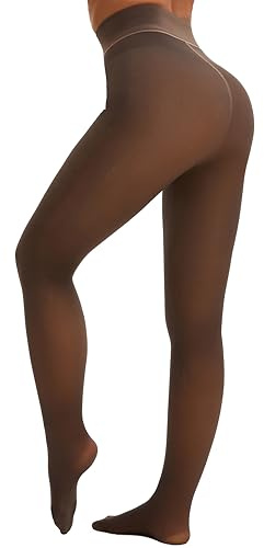 HeyUU Collants Thermiques Femme Doublés Polaire faux translucide Marron S