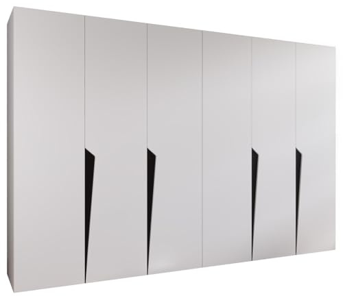 MEBLE KRYSPOL - Kleiderschrank - Garderobenschrank - 300 cm x 202 x 52 cm - Schrank mit Kleiderstange, 6 Türen - für Schlafzimmer, Flur - Piano, Weiß, Griff Schwarz