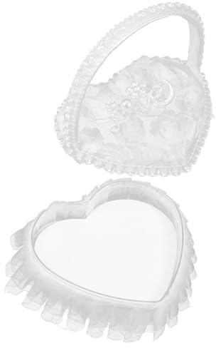Supvox Herzförmige mit Griff Ring Präsentationsbox aus Satin und Spitze | Hochzeit Ringkissen, Weiß, Schlicht Elegant für Hochzeitsfeier und Zeremonie