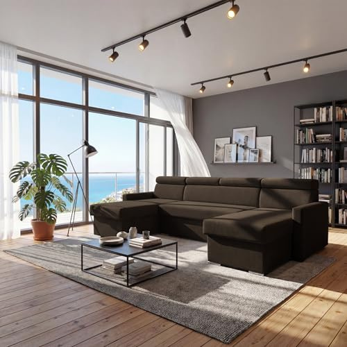SOFILAND Vega U Ecksofa nach Maß | Breite anpassbar | Schlaffunktion 2 Bettkasten U-Form verstellbare Kopfstützen Samt-Stoff Best 305x151 cm (Bronze)