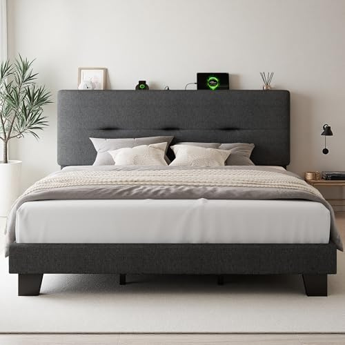 FEONASE 6ft Super King Bed Frame with Charging Station, Linen Upholstered Platform kingsize Bed Frame with Storage Headboard, Sturdy Wooden Slat Support, Noise Free, Easy Assembly, Dark gray