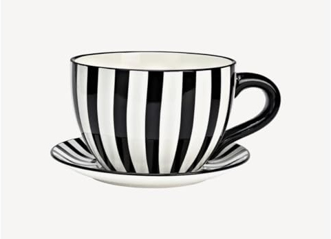 Seyila Home Pflanztasse aus Keramik mit Unterteller, Blumentopf in Tassenform, Deko-Pflanzgefäß,Pflanzkübel, Blumentopf in versch. Größen und Designs (Schwarzweiß, 20 cm)