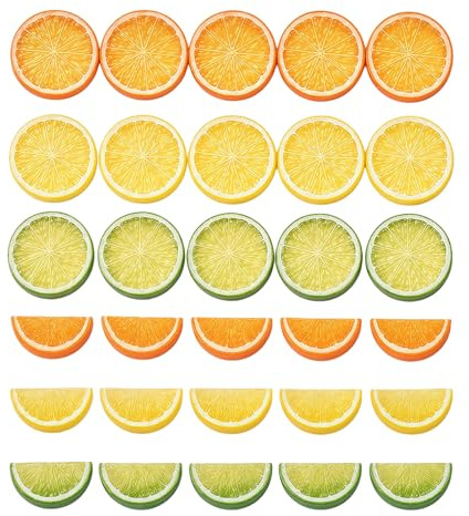 Domefahaso 30 Künstliche Zitronenscheiben Sommer Tischdekoration bunt | orange gelb grüne Dekoscheiben, frisches Sommerflair für Esstische und Wohnbereiche