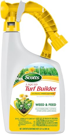 Scotts Liquid Turf Builder with Plus 2 Weed Control Fertilizer, 32 fl. oz. - Weed and Feed - Kills Dandelions, Clover and Other Listed Lawn Weeds - Covers up to 6,000 sq. ft.