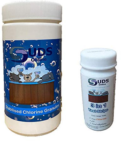 SUDS-ONLINE 1kg Chlorine Granules + 50X 3 IN 1 Test Strips HOT TUB KIT