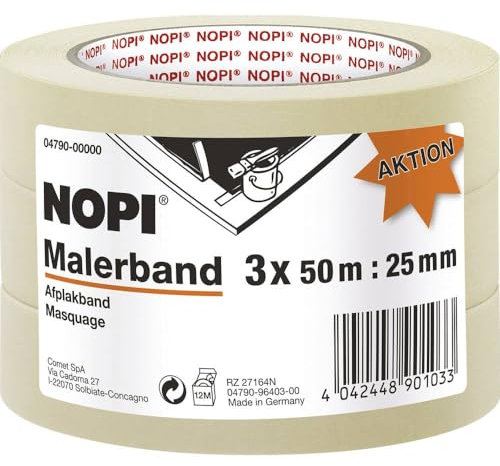 tesa NOPI Malerkrepp, Malerband, 3er Pack vielseitig einsetzbar, leicht entfernbar, starke Haftung 50m x 25mm
