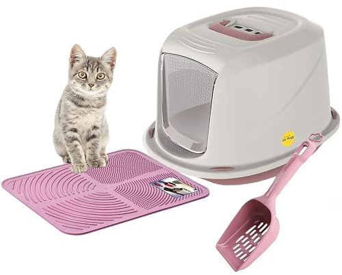 CAT CENTRE Pink Hooded Kitten Litter Tray + Scoop, Mat & Carbon Filter Set | Galaxy hooded cat toilet box, swing flap door, carry handle, waste scoop, tray mat, carbon filter, easy clean