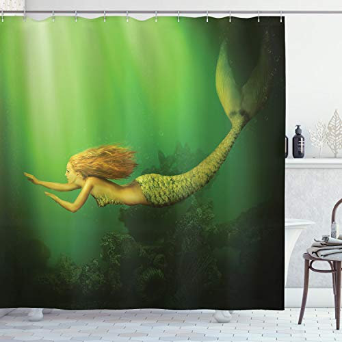 ABAKUHAUS Ozean Duschvorhang, Mermaid mit Fish Tail, Stoffliches Gewebe Badezimmerdekorationsset mit Haken, 175 x 240 cm, Dark Green Ginger Grün