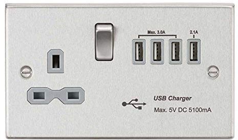 Knightsbridge CS7USB4BCG Switched Socket with 5.1 A Quad USB Charger, Brushed Chrome with Grey Insert, 13 A