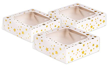 Anniversary House Christmas Cake Boxes with Gold Star Foil Print - Recyclable Paper Packaging Box for Gifting, Festive Baking, Cookies, Brownies & Small Treats - 3-Pack, 3.8 x 11.4 x 11.4cm