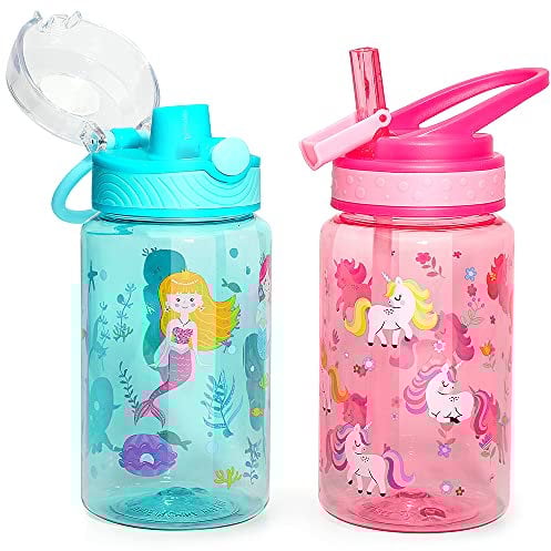 Home Tune Kids Water Drinking Bottle (470ml)- Tritan BPA Free, Auto Flip Chug Lid, Sip Straw Lid, Lightweight, Leak-Proof Water Bottle Cute Design for Girls & Boys - 2 Pack Mermaid & Unicorn