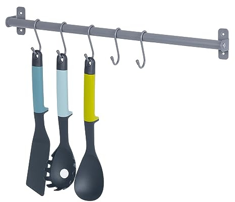LIVIVO 50cm Hanging Kitchen Rail with 5 S Hooks – Wall Mounted Metal Storage Organizer for Utensils, Towels, Coats, Clothes – Modular Space-Saving Rack for Kitchen, Hallway, Utility Room (Grey)