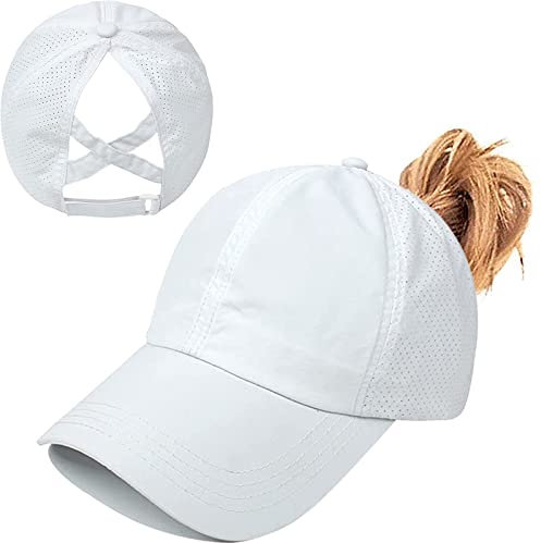 Pferdeschwanz Baseballkappe Damen Sommer Einstellbare Schnell trocknende Masche Atmungsaktiv Baseballmütze Unisex Criss Cross Hüte Sport Mütze (Weiß)