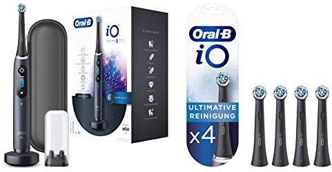 Oral-B iO Series 8 Elektrische Zahnbürste, black onyx & iO Ultimative Reinigung Aufsteckbürsten für elektrische Zahnbürste, 4 Stück, ultimative Zahnreinigung mit iO Technologie, schwarz