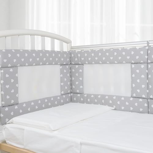 Babysanity - Bettumrandung Babybett mit Baby Air Mesh-System ausgestattet - Der weiche und stabile babybett umrandungen sorgt für eine sichere Schlafumgebung für das Kind (Graue Herzen)