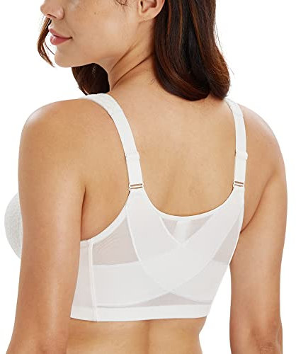 Lemorosy Women's Wirefree Jacquard Back Support Bra Full Figure Front Closure Posture Underwear(White,36D)