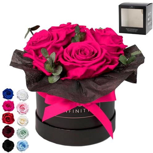 Infinity Flowerbox - Eucalyptus Bouquet Hot Pink - Konservierte Rose in Geschenkbox, blüht 3 Jahre ohne Wasser, Small