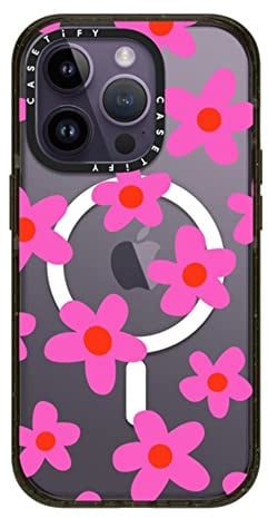 CASETiFY Impact iPhone 14 Pro Hülle [4X Fallgetestet in Militärqualität / 2,5 m Fallschutz/Kompatibel mit Magsafe] - Bold Retro Siebziger Jahre Blumen in Rosa - Glänzendes Schwarz