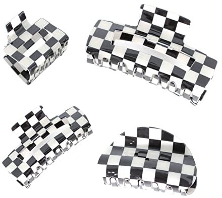 4 Stück Große Haarklammern, BetterJonny Kunststoff Eckig Haarspangen Damen Rutschfeste Haarklammern Haarklauenclip Haarspange für Frauen Mädchen Damen Dünnes/Dickes Haar, Schwarz Weiße Kariert