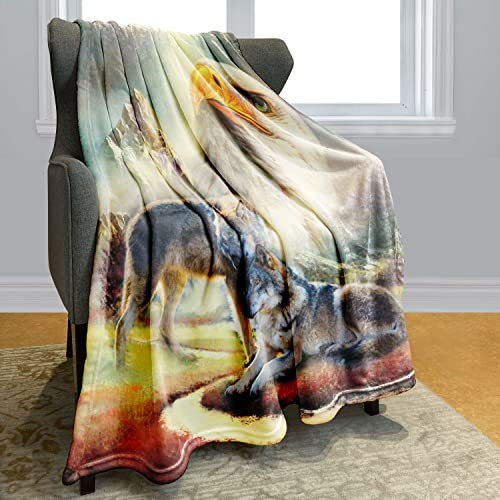 Zomer Kuscheldecke Motiv Wolldecke 150x200 cm als Tagesdecke Sofadecke Wohndecke mit Adler und Wolf