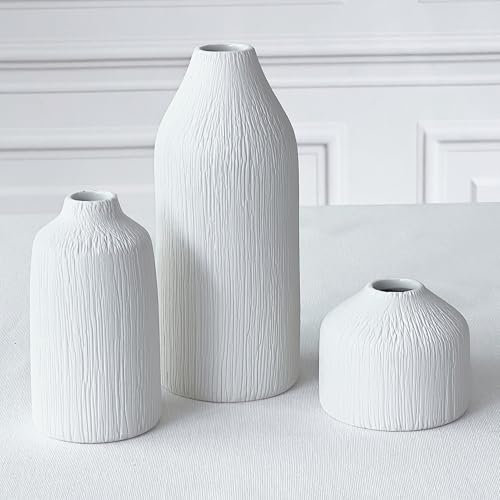 Kate Aspen - Set di 3 vasi da fiori in ceramica bianca, stile bohémien, per erba della pampa, eucalipto, fiori secchi e piante, decorazione per mensole, decorazione moderna per fattoria