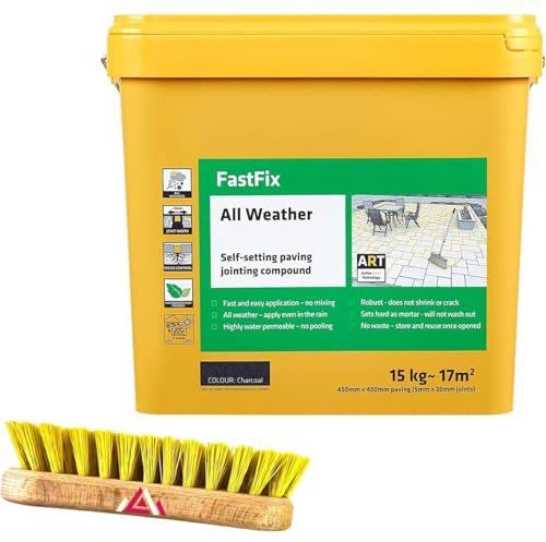 Fast Fix All Weather | Ready to Use, Self-Setting Paving Jointing Compound for Any Weather, Suitable for Stones Setts, Paving Block and Footpaths With Scrub Brush 15kg - 21 sq.m (Charcoal)