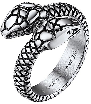 Bestyle Doppelköpfiger Schlangen Ring mit Gravur Snake Finger Ring aus Edelstahl Vintage Tierform Schmuck Zubehör für Damen Herren Männer Unisex Silber 62.2(19.8)