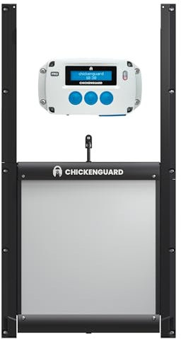 Porte Automatique Poulailler ChickenGuard Pro, Alimenté par Solaire/Piles/Électrique, Moteur Souleve 2kg, Minuterie/Détection de Lumière, Auto Trappe Moteur pour Chicken Run (Pro + Porte + Piles)