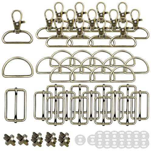 Drehbare Karabinerhaken Mit Drehgelenk Schlüsselanhänger D-Ringe Triglide-Schiebeschnalle Gurtversteller Metall Magnetknöpf Schnallen und Verschlüsse für DIY Nähen Zubehör (32mm,Bronze,50)
