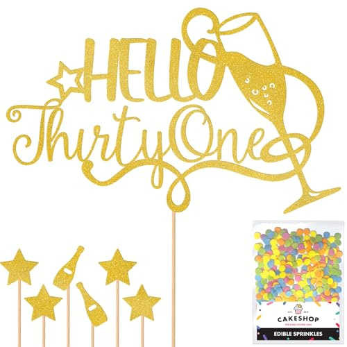 Personalised Champagne/Prosecco Flutes Glitter Cake Topper - Gold Custom Age Glitter Cake Decoration and Sprinkles - Happy Birthday Decorations - Personalised Toppers for Cakes by Cakeshop