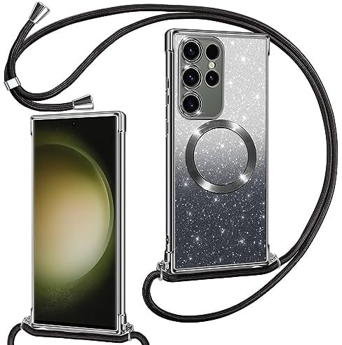 Phoona Hülle für Samsung Galaxy S23 Ultra 5G mit Band, Schwarz | [Kompatibel mit MagSafe] Luxuriöse Glitzer Beschichtung Magnetische Handyhülle zum Umhängen Kordel Silikon Stoßfest