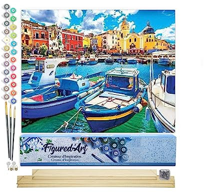Figured'Art Peinture par Numéro Adulte Petits Bateaux de pêche au Port - Activité Manuelle Kit de Loisir Créatif DIY Numéro d'Art Complet - 40x50cm avec châssis en bois à monter