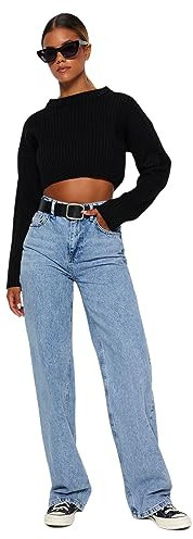 TRENDYOL Jean Droit pour Femme, Coupe Large, Taille Haute, Bleu Clair, 40