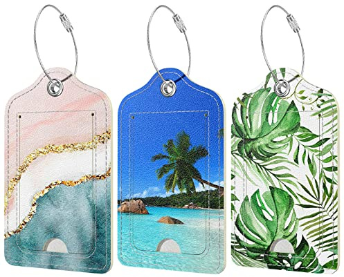Hnogri 3 Pcs PU Leder Gepäckanhänger für Koffer, Reisen Kreuzfahrt Gepäckanhänger mit Privatsphäre Klappe, Name ID Label und Metall-Schleife für Frauen Männer Gepäck Handtasche Schule Tasche Rucksack.