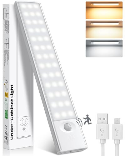 ANOPU Schrankbeleuchtung mit Bewegungssensor, 39 LED Unterbauleuchte Küche mit 3 Farbmodi&Stufenlosem Dimmen, Wiederaufladbare USB Unterschrankbeleuchtung für Kleiderschrank/Treppe/Schlafzimmer/RV