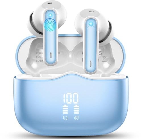 Wireless Earbuds, Bluetooth 5.4 Headphones Wireless Earphones, In Ear buds Wireless Earbuds, 4 ENC Noise Cancelling Mic Wireless Headphones, IP7 Waterproof, 40H Playtime, Mini Ultra Light, Sea Blue