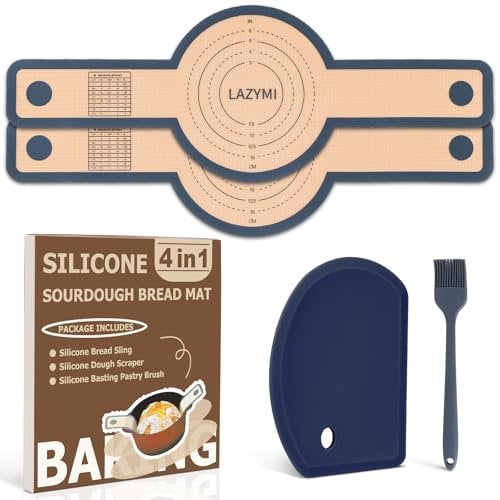 Lazymi 2PCS Silicone Bread Sling for Dutch Oven, Reusable Baking Mat with Long Handle for Transferring Sourdough, Baking Sling with Dough Scraper & Silicone Brush, Dark Grey