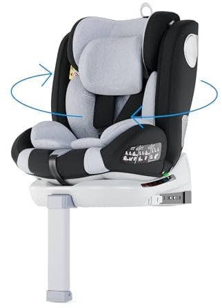 Babify Kindersitz – Um 360° Drehbarer Isofix Kinderautositz Mit Stützfuß, Nach ECE R129 Zugelassen, Vorwärts Und Rückwärts, 40–150 cm (0–12 Jahre), Verstellbare Kopfstütze, 5-Punkt-Gurt, Grau