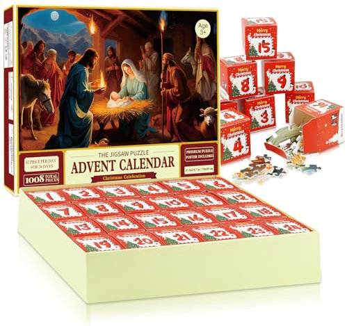 Adventskalender 2025 Krippe Jigsaw Puzzle - 1008 Teile Puzzle 24 Tage Weihnachts-Countdown-Kalender, Weihnachtsgeschenke für Erwachsene und Kinder, Haus Dekoration 27.6in x 19.7in