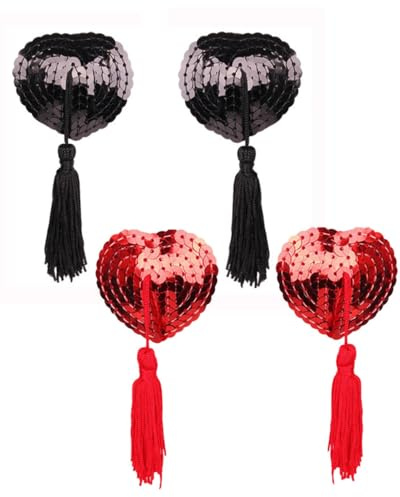 OXDOHUE 2 paires de cache-tétons autocollants pétales de sein strass fins peau collante imperméable natation Rave coussinets de soutien-gorge réutilisables fantaisie - noir/rouge