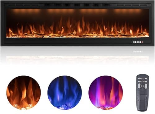 Rodalflame 60/152.4cm WiFi-Enabled Electric Fireplace Insert, APP Smart Control, Wall Mounted&Recessed Linear Fireplace Heater with Thermostat, Flame&Top Lights, Timer